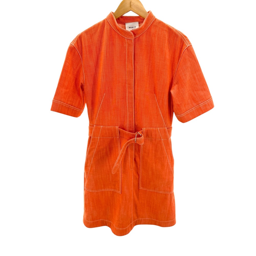 Akris Punto Orange Belted Denim Mini Dress US 6 Short Sleeve Godet Hem Luxury